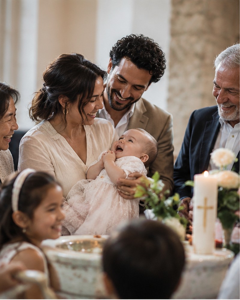 Familie versammelt sich bei einer Taufe um das Baby im weißen Kleid