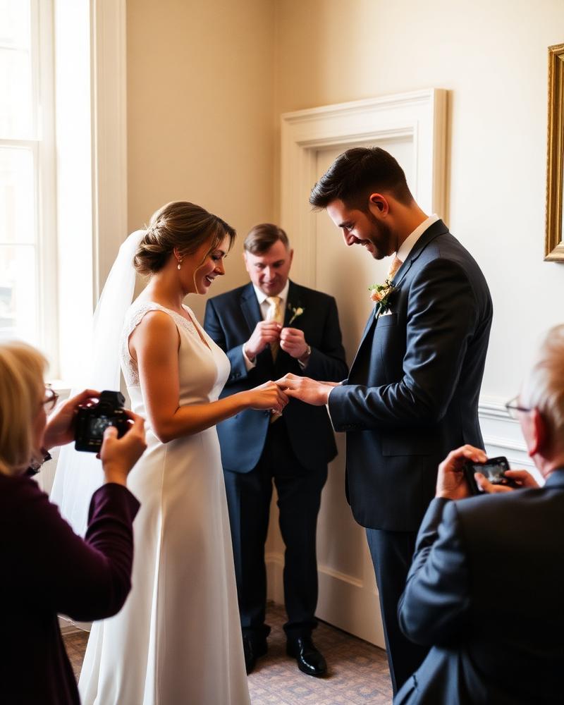 Paar tauscht im Standesamt die Ringe, Angehörige fotografieren den Moment