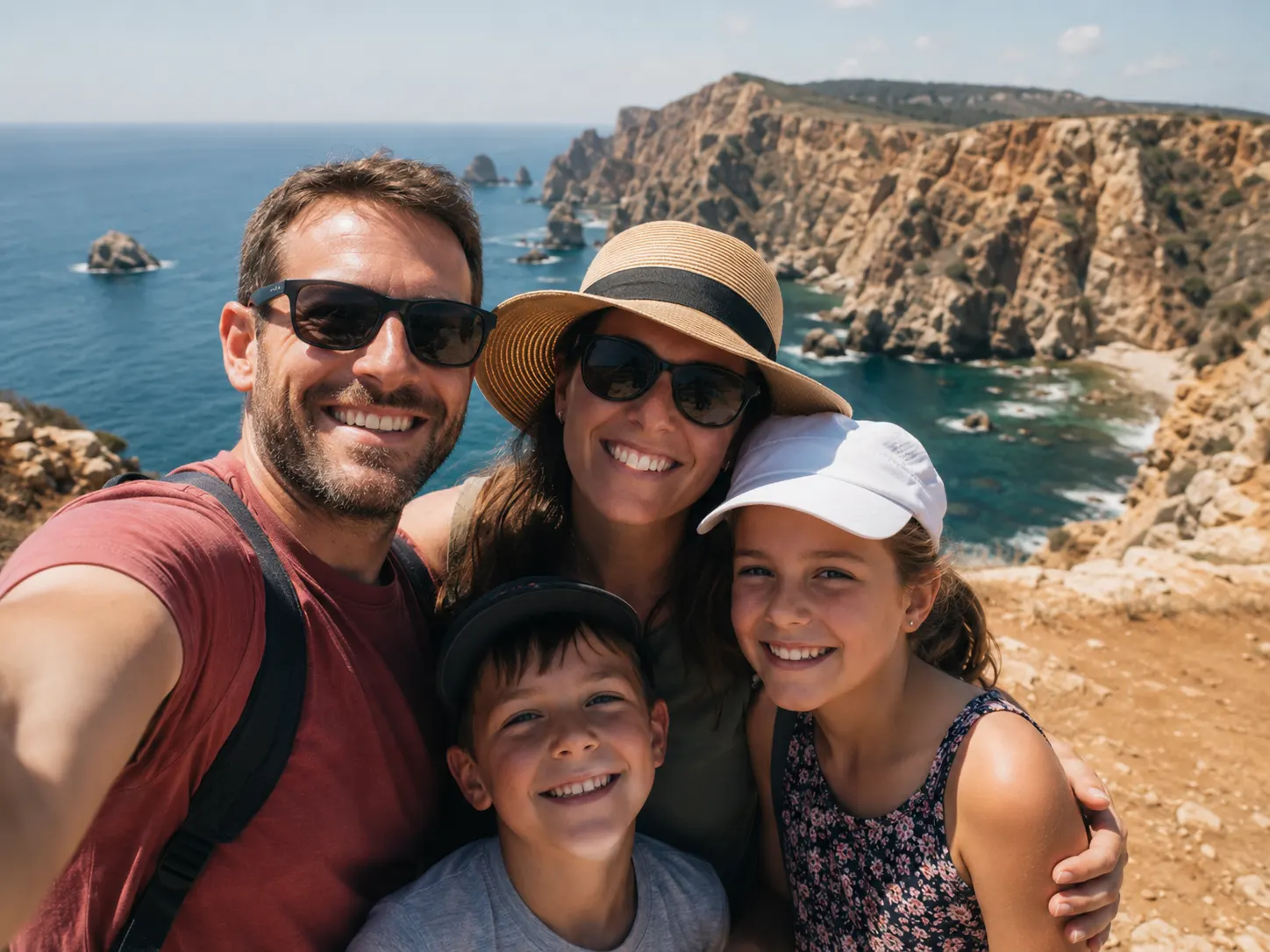 Familia feliz de cuatro personas haciéndose un selfie en un acantilado junto al océano