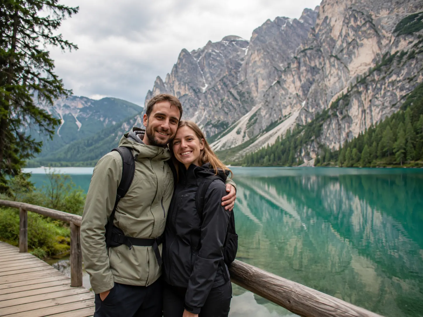 Pareja sonriente abrazada en un embarcadero de madera junto a un lago turquesa