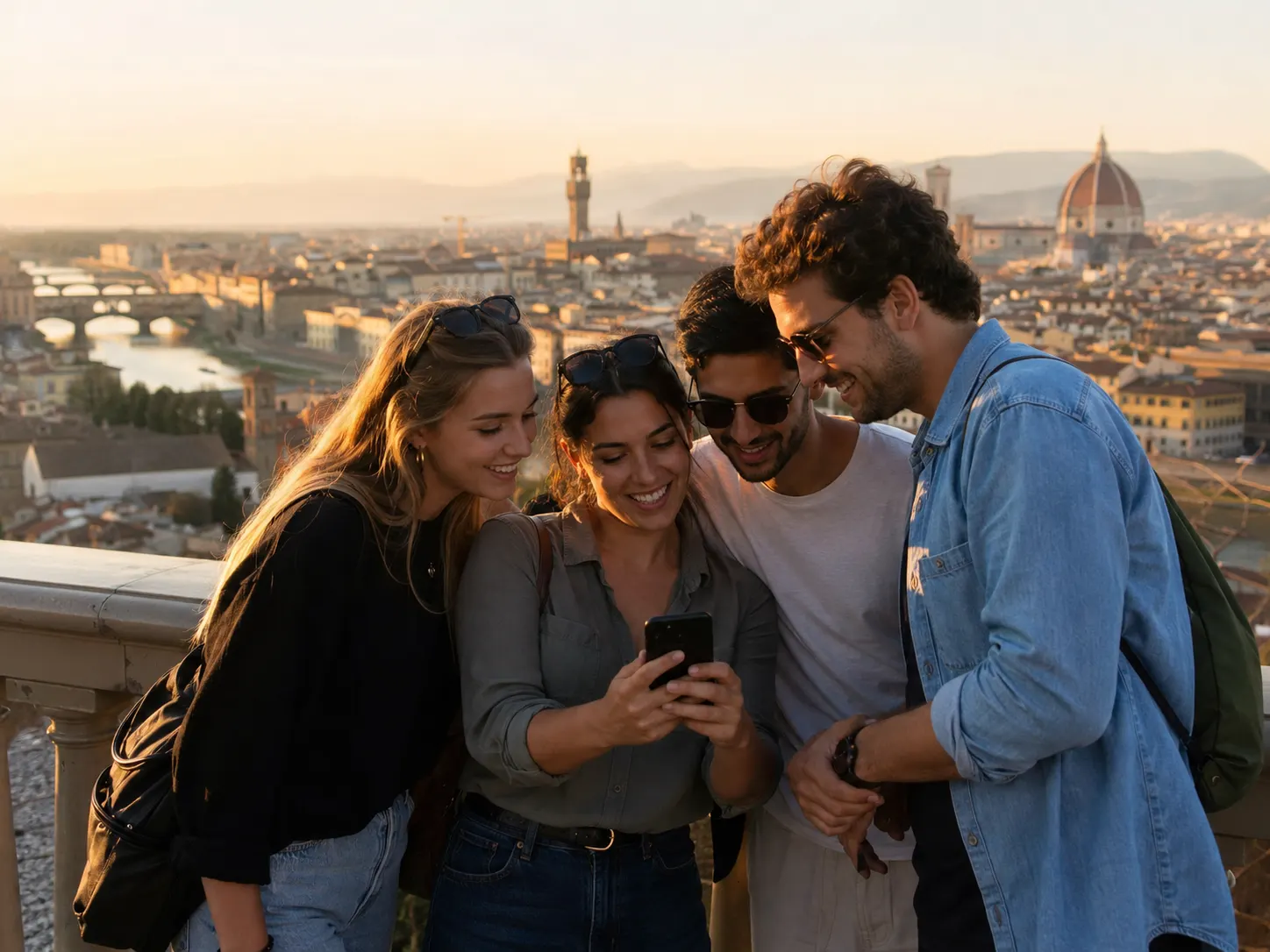Cuatro jóvenes mirando un teléfono al atardecer con Florencia al fondo